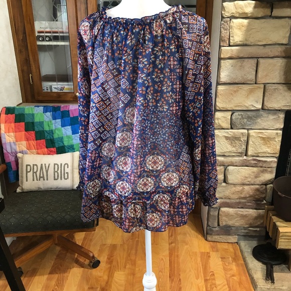 NO BRAND SIZE LARGE SEMI SHEER MULTICOLORED MULTI PATTERNED LONG SLEEVE TOP - Picture 6 of 6